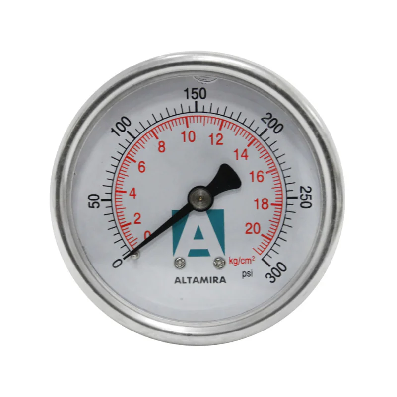MANÓMETRO CON GLICERINA DE 0-300 PSI MARCA ALTAMIRA CON CARATULA DE 2.5" Y CONEXIÓN TRASERA DE 1/4" ROSCA NPT MACHO
