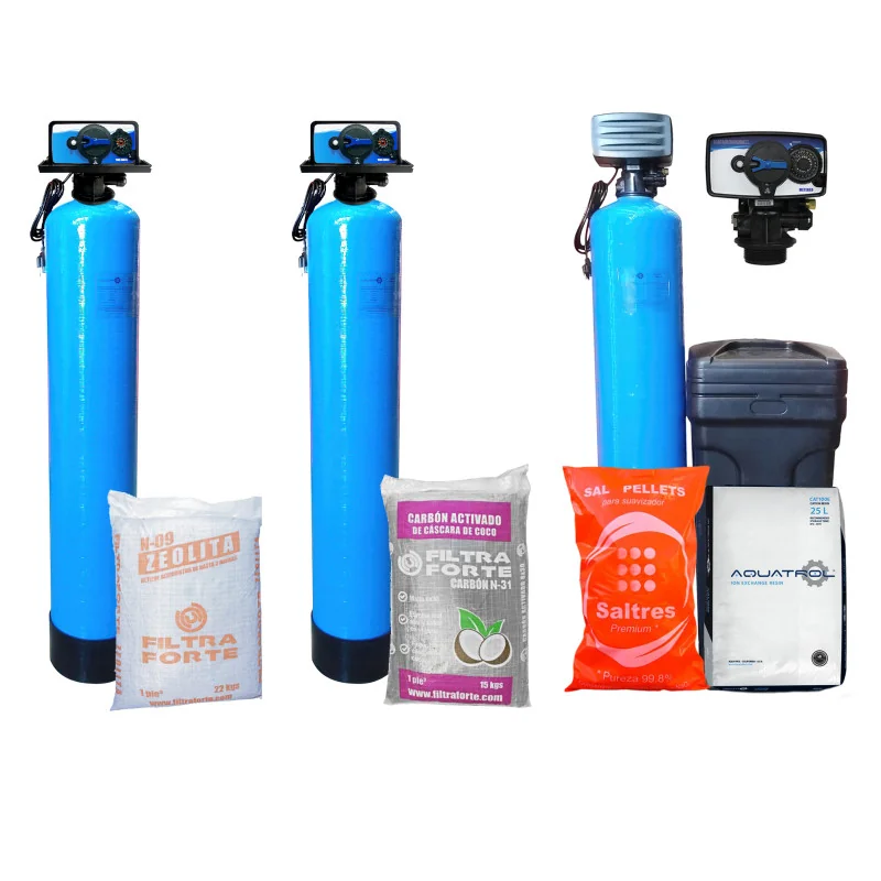 Batería 3 Etapas 1 ft3 Filtración Básica Zeolita, Carbón y Suavizador Válvulas Automáticas 9" x 48" NO ensamblada
