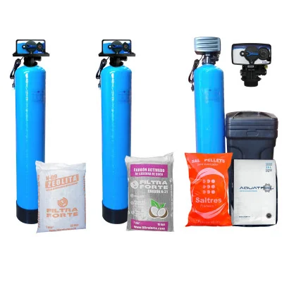 Bateria 3 Etapas 1.5 ft3 Filtración Básica Zeolita, Carbón y Suavizador Válvulas Automáticas, Tanques 10" x 54" NO ensamblada