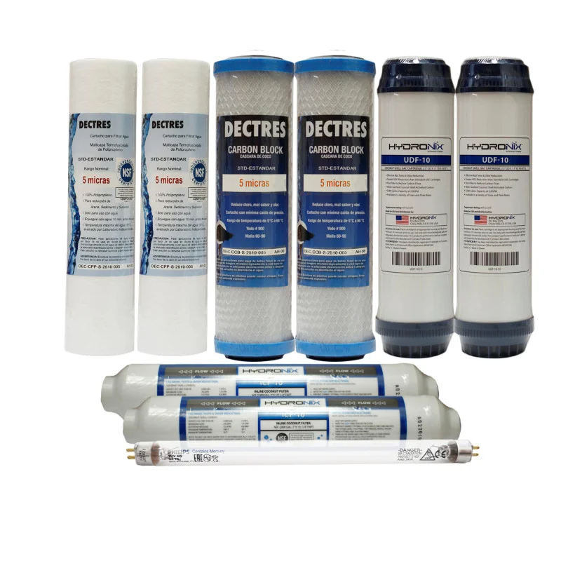 Kit de Mantenimiento 12 meses para osmosis 6 etapas 50,75,100, 400 GPD con UV Bulbo 2 pines Kit de Mantenimiento 12 meses para osmosis 6 etapas 50,75,100, 400 GPD con UV Bulbo 2 pines
