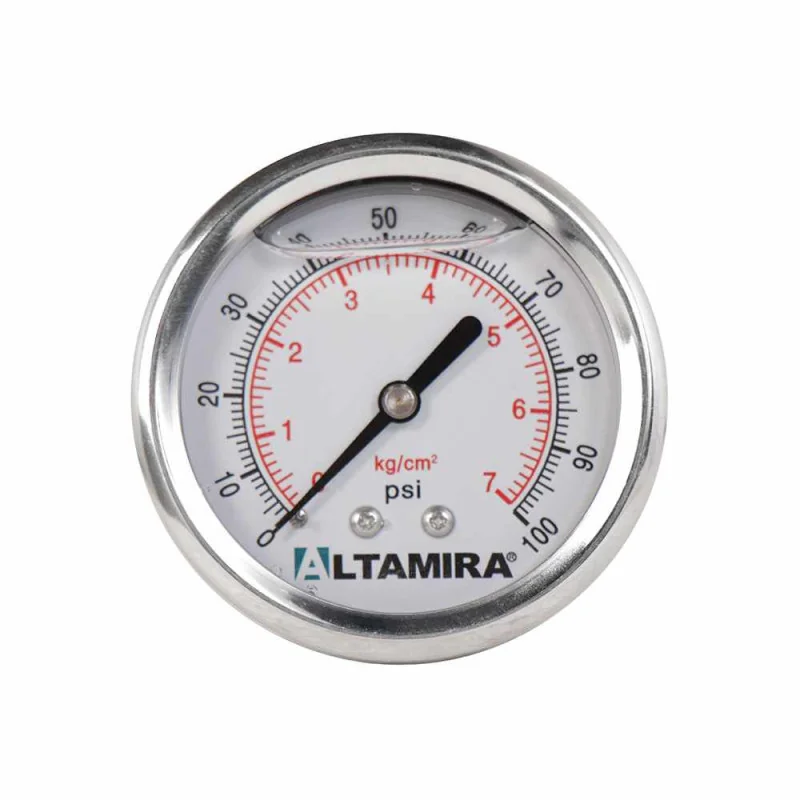 Manómetro con Glicerina de 0-100 Psi Marca Altamira Con Carátula De 2.5" Conexión Trasera De 1/4" Rosca NPT Macho