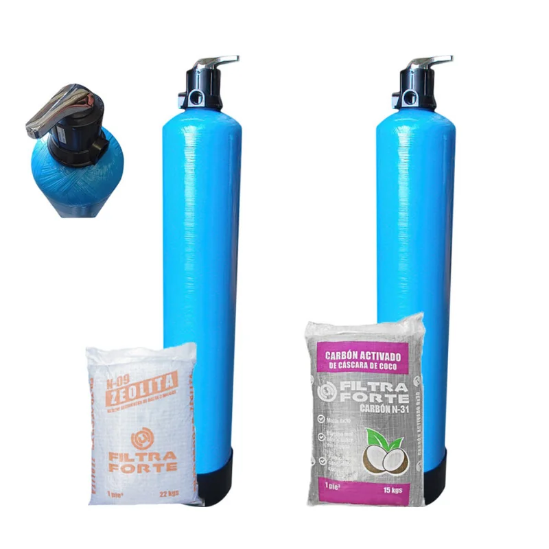 Batería 2 Etapas 2 ft3 Filtración Básica Válvula Manual Zeolita y Carbón Activado Cascara de coco